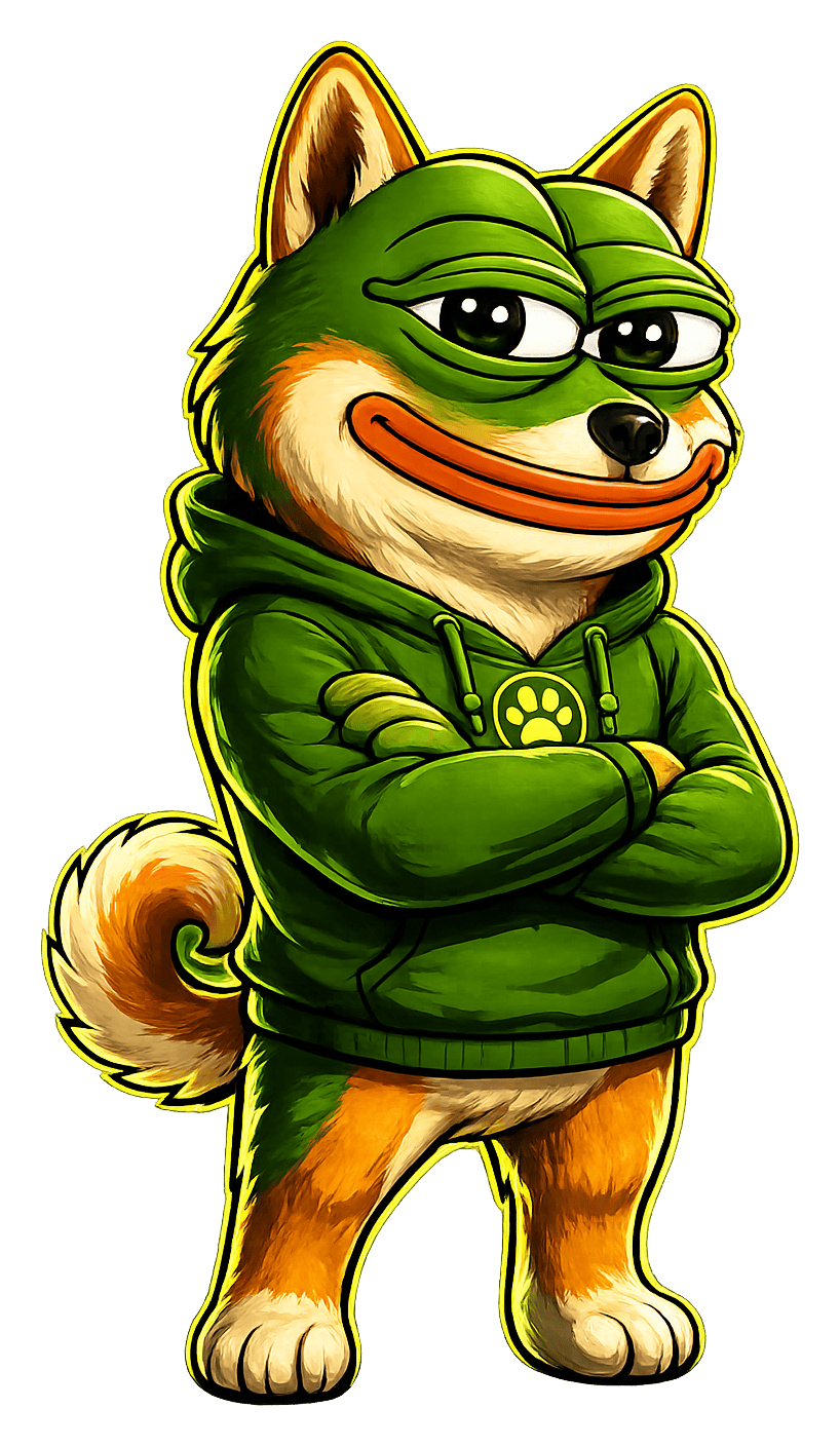 PESHINU, a hybrid mascot with the face of a frog and the ears and colouring of a Shiba Inu